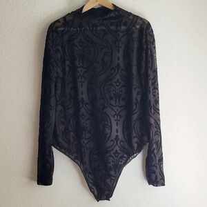 Black Sheer And Velvet Bodysuit Red Dot Boutique Womens 2X XXL Long Sleeve